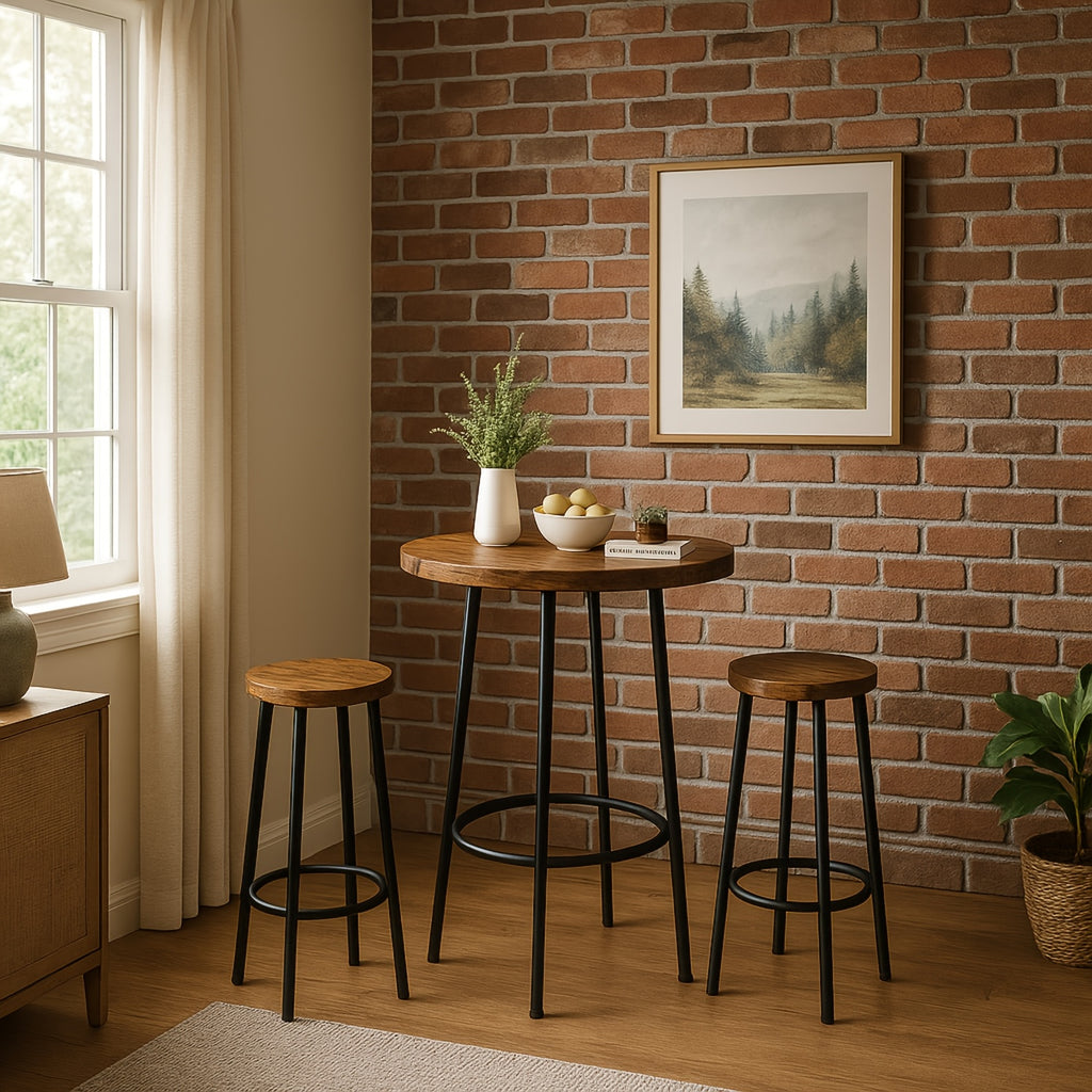 Dining Room Table Set, Round Kitchen Table Set with Steel Frame Table, 3pcs Dining Table Set, Breakfast Table for 2, Small Space, Farmhouse, Kitchen, Cafe, Dining, Rustic Brown