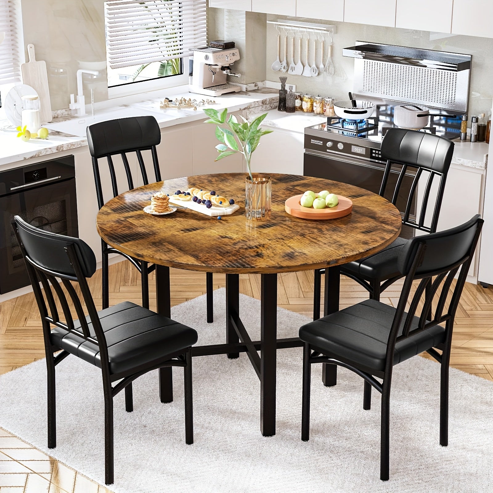 LAMERGE 5pcs Round Dining Table Set, Artificial Imitation Marble Pattern Round Dining Table With 4 Chairs, Metal Frame Structure, Modern Kitchen Table And Chair Set For 4 People, Round Dining Table And Chair Set For Small Space Home Furniture