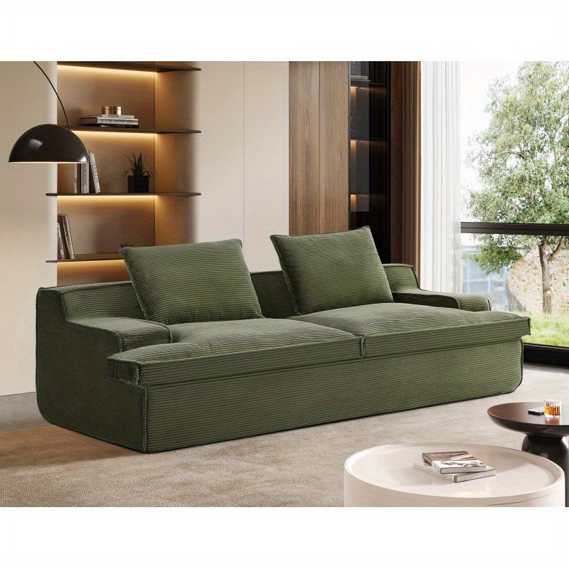 Vintage Green Corduroy Couch with Soft Foam Cushion, 4-Seater Ergonomic Design, Wide Armrests & Oversized 90\