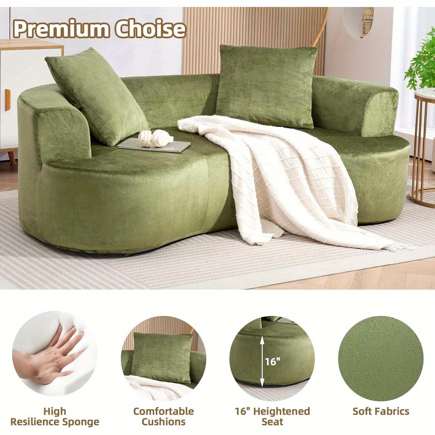 Green U-Shape Cloud Couch, Compression Sofas For Living Room, Chenille Fabric Memory Foam Sofa No Assembly Required