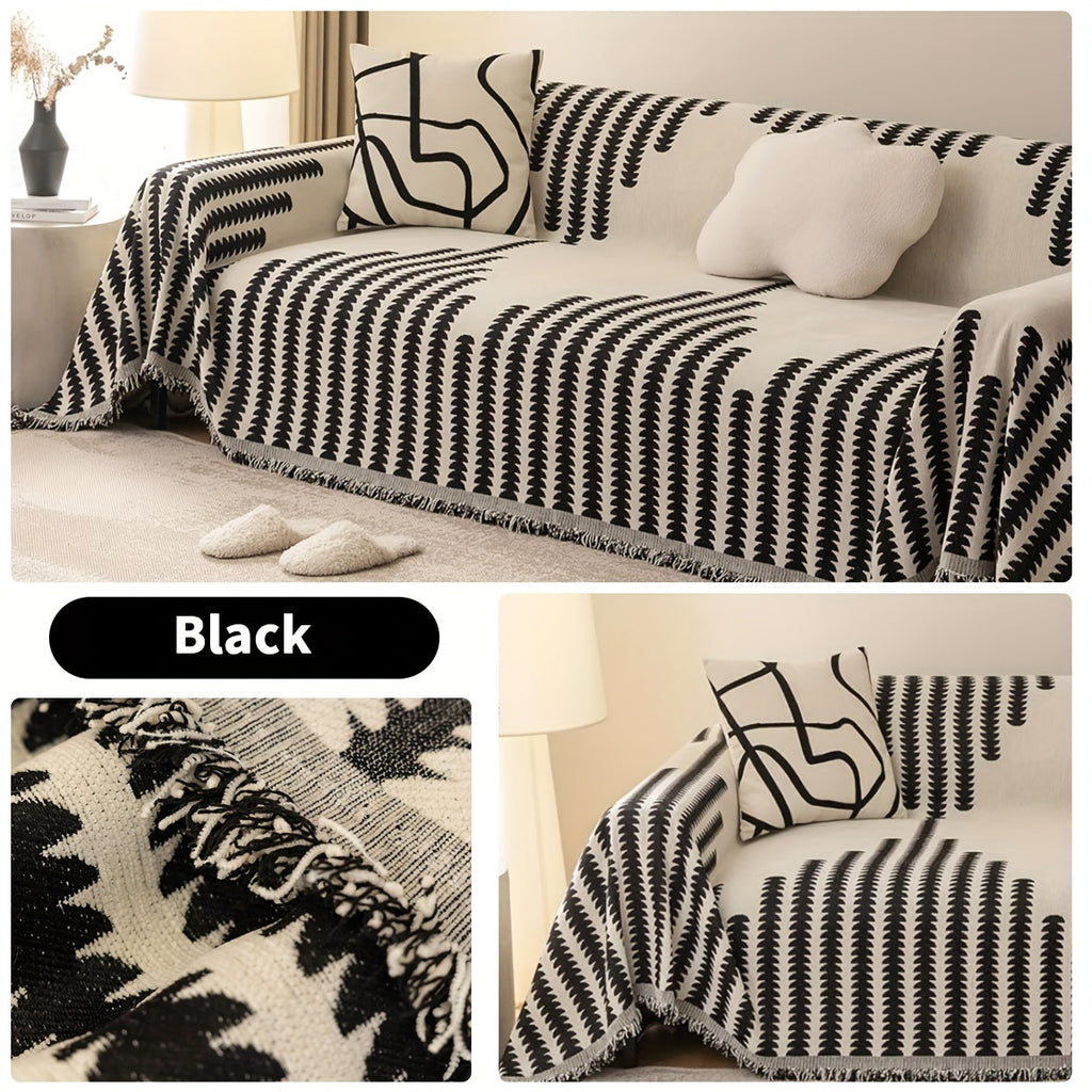 Bohemian Style Thick Striped Fringe Chenille Sofa Towel, Washable Pet Anti Cat Scratch Sofa Protective Cover, Soft And Comfortable, Suitable For Use All Year Round Sofa Blanket