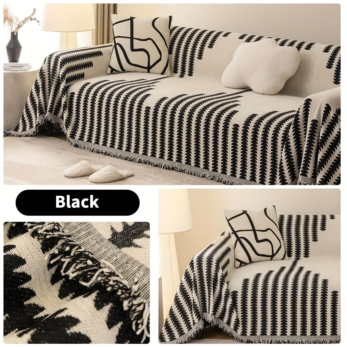 Bohemian Style Thick Striped Fringe Chenille Sofa Towel, Washable Pet Anti Cat Scratch Sofa Protective Cover, Soft And Comfortable, Suitable For Use All Year Round Sofa Blanket