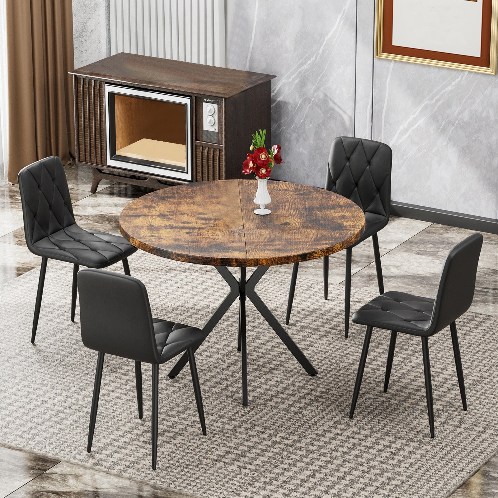 Round Dining Table Set for 4, 39 Inch Circle Dining Room Table with 4 Upholstered Chairs for 4 People, Mid Century Modern Round Kitchen Table and Chairs Set of 4 for Home Kitchen Dining Room Leisure Area (Brown Table + 4 Chairs)
