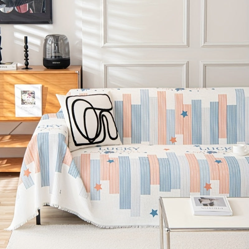 1pc American Waffle Knit Sofa Cover with Tassels - Machine Washable, Dirt And Sofa Cover, Suitable for Living Room And Office Decoration