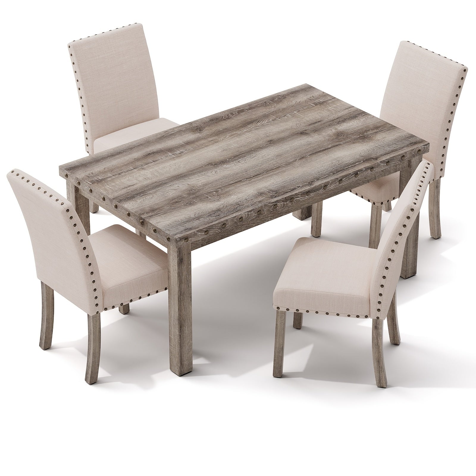 1 Set Morden Fort Farmhouse Dining Table and 4 Upholstered Chairs - Rustic Vintage Hardwood Kitchen Table Set for Family Meals, Memory Foam Cushioned Seating, No Electricity Needed