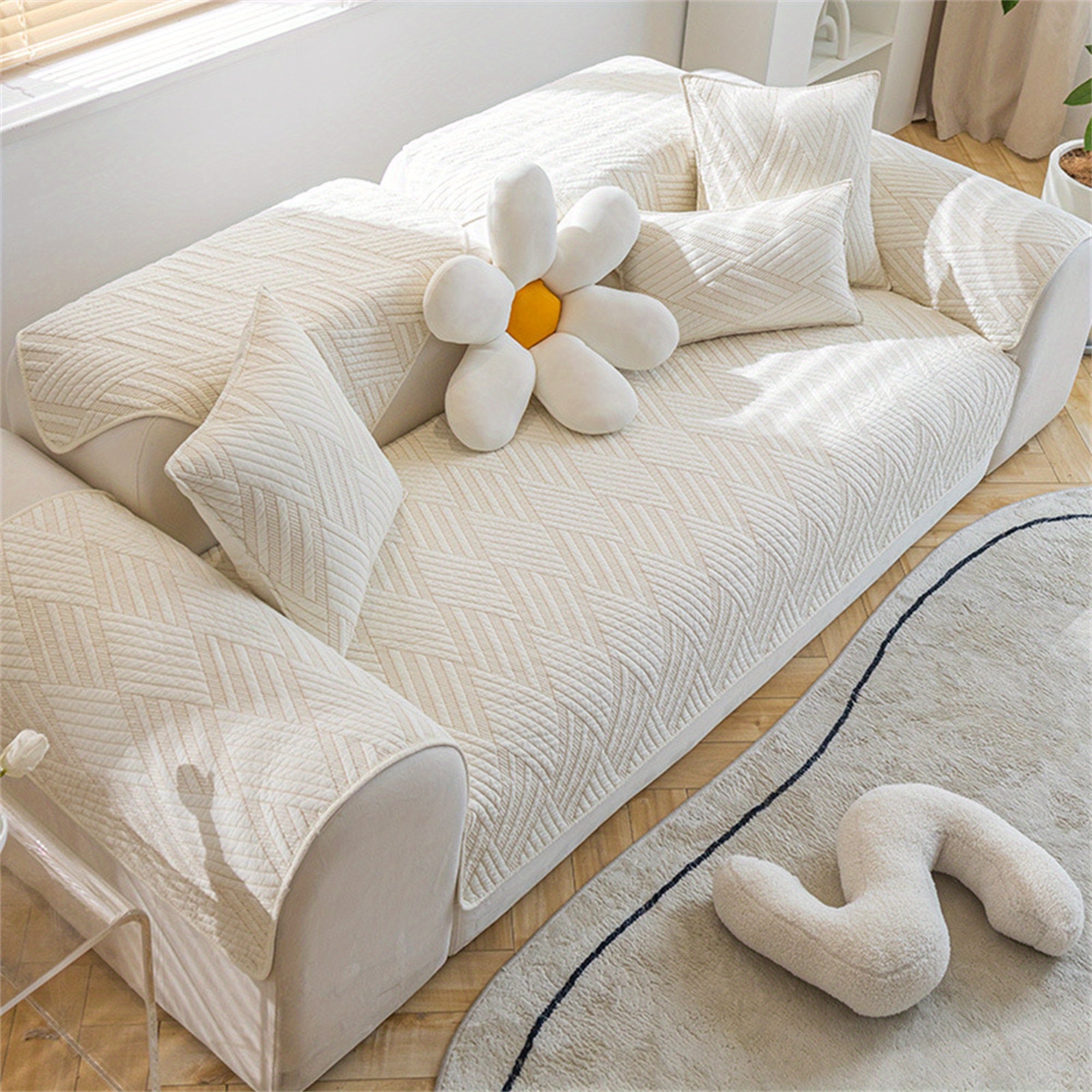 Home Refresh Elegant Beige Cotton Sofa Slipcover with Geometric Pattern - Non-Slip, Washable Couch Cover for 1\u002F2-Seater Sofas, Ideal for Pets & Youngsters, Contemporary Decor Furniture Protector, Couch Covers for Sofa