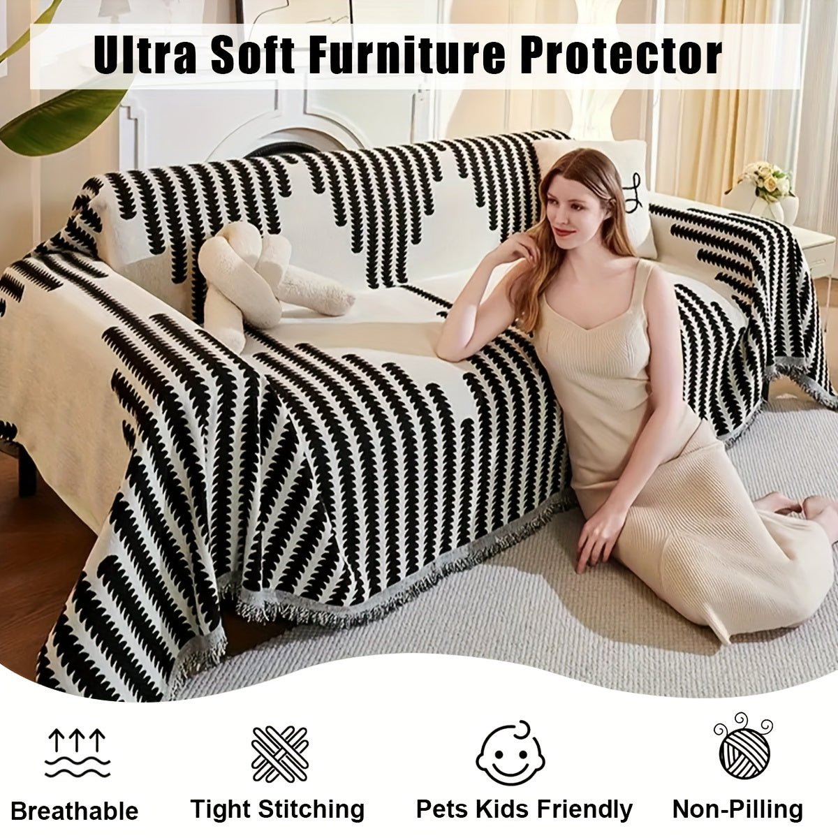 Bohemian Style Thick Striped Fringe Chenille Sofa Towel, Washable Pet Anti Cat Scratch Sofa Protective Cover, Soft And Comfortable, Suitable For Use All Year Round Sofa Blanket