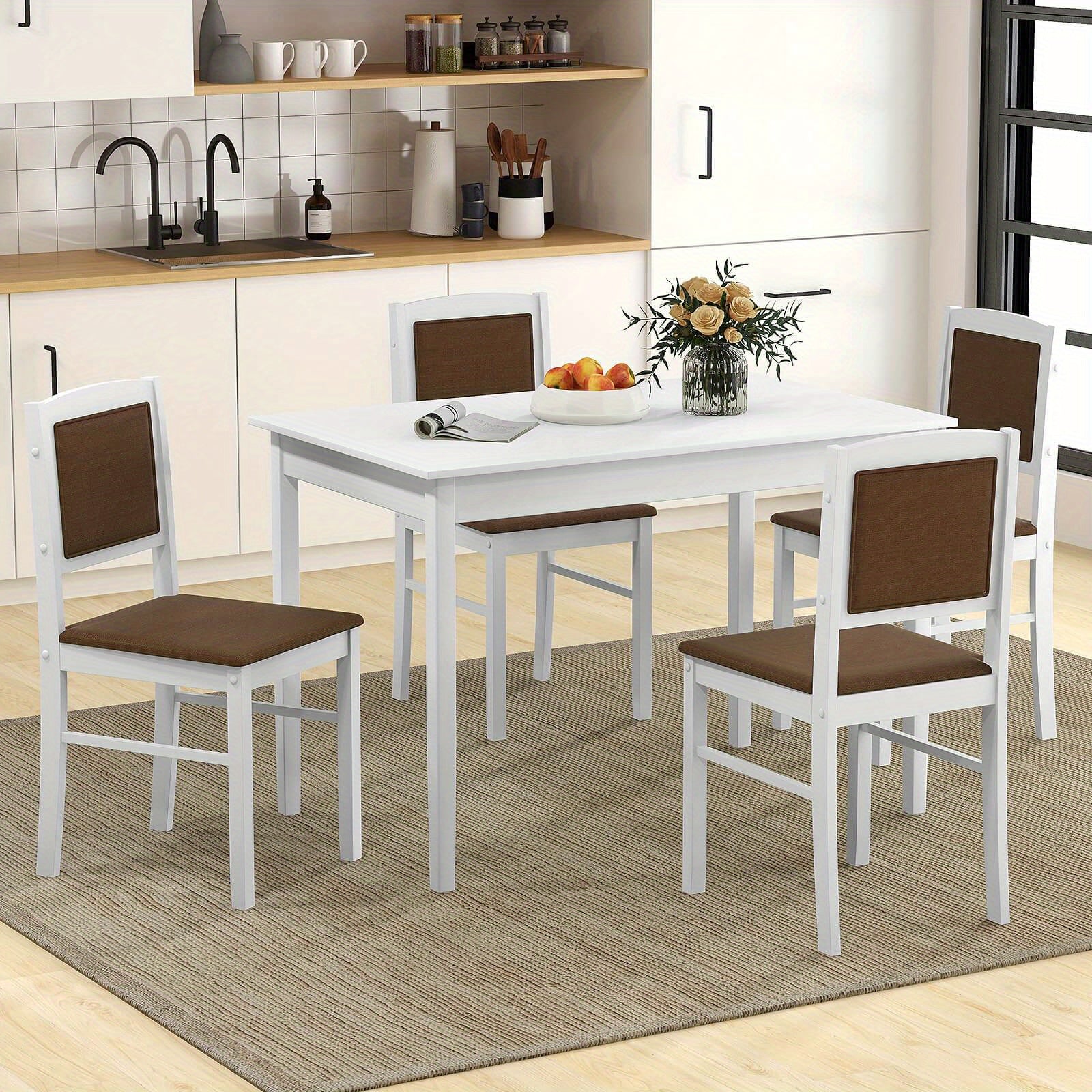5pcs Modern Farmhouse Dining Set - Hardwood Rectangular Table with 4 Upholstered Chairs, Padded Seat & Backrest, Space-Efficient Design for Small Dining Rooms, Apartment & Home Use Without Electricity