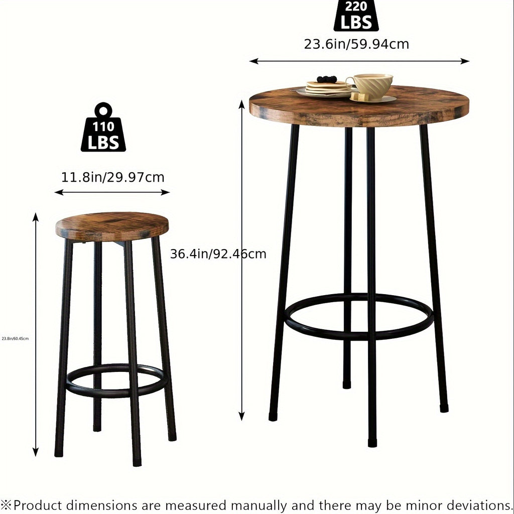 Dining Room Table Set, Round Kitchen Table Set with Steel Frame Table, 3pcs Dining Table Set, Breakfast Table for 2, Small Space, Farmhouse, Kitchen, Cafe, Dining, Rustic Brown