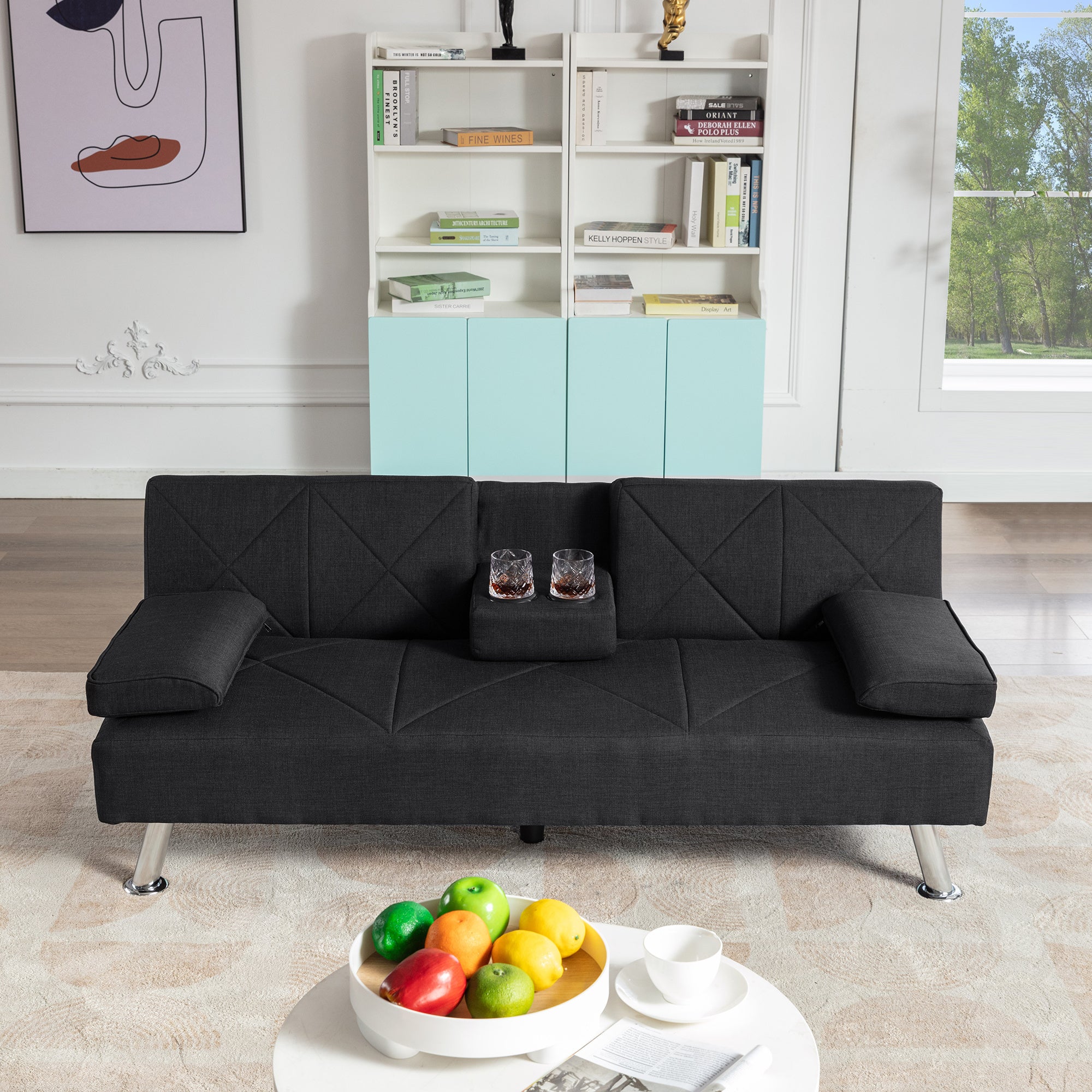 Modern Convertible Folding Futon Sofa Bed with Removable Armrests, Breathable Linen Sofa with 2 Cup Holders for Living Room