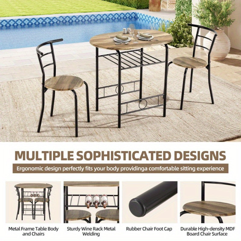 3pcs Dining Table Set, Small Dining Table for 2 with Chairs, Round Table and Chairs, Kitchenette for Small Spaces with Built-in Wine Rack, Space-Saving Design, Drift Brown