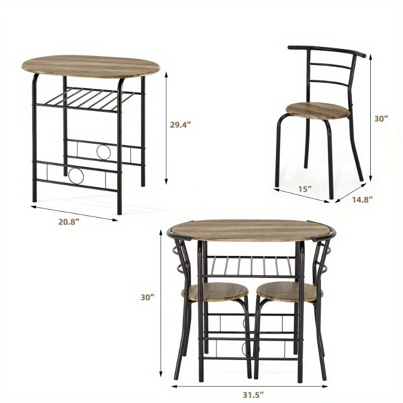 3pcs Dining Table Set, Small Dining Table for 2 with Chairs, Round Table and Chairs, Kitchenette for Small Spaces with Built-in Wine Rack, Space-Saving Design, Drift Brown