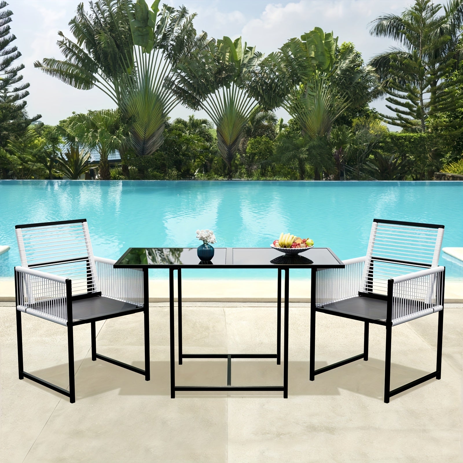 3pcs Rattan Patio Dining Set with Rectangle Table 3 -Piece Black Rattan Patio Dining Set Steel Rectangle Table with 2 Stationary Chairs