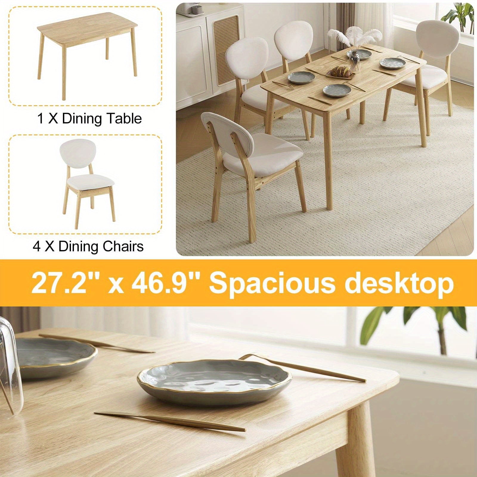 Elegant Home 5pcs Modern Dining Set, Solid Wood Rectangular Table with 4 Upholstered Chairs, Durable Dining Room Furniture for Home & Restaurant