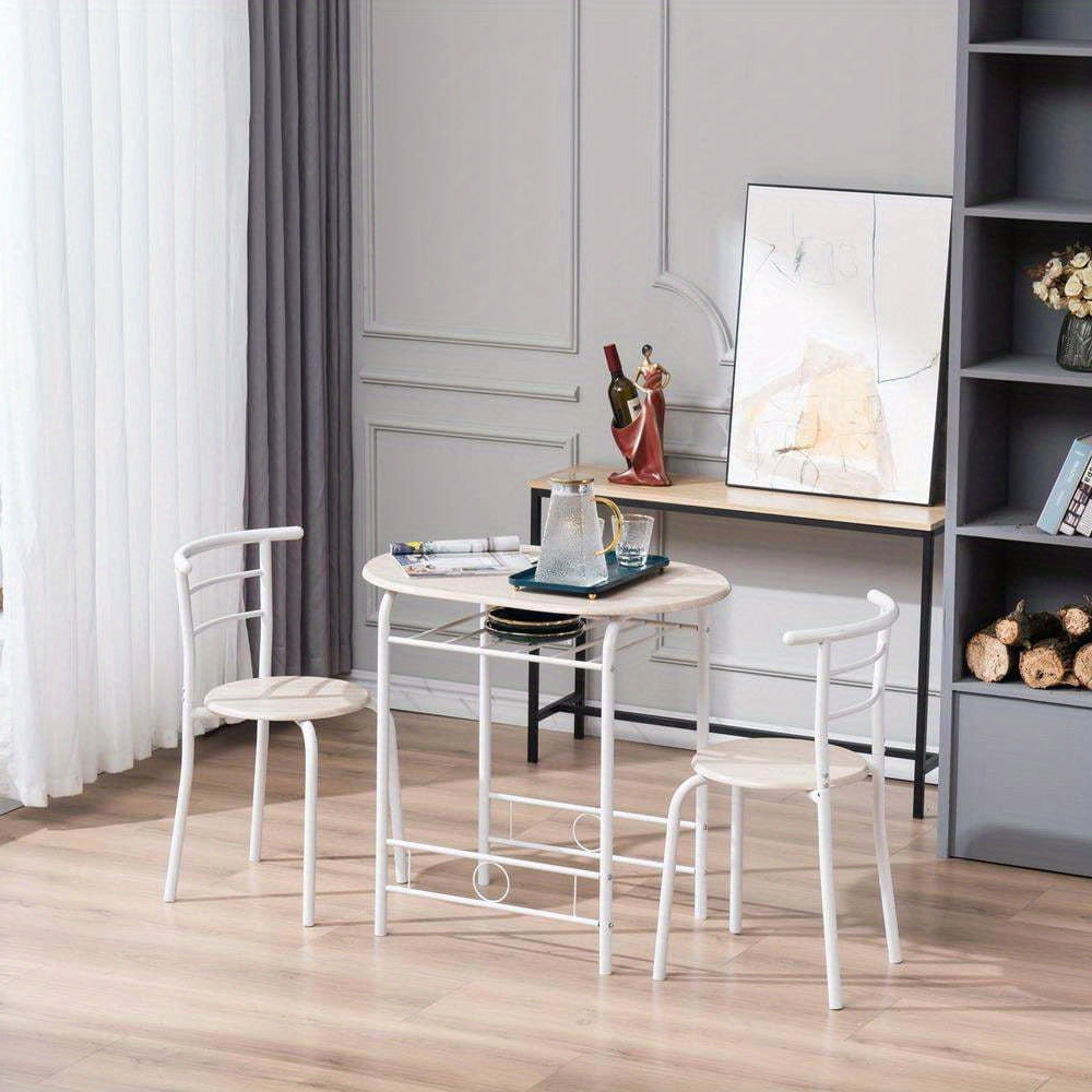 3pcs Dining Table Set Room Round Table And Chair Set, Space Saving Kitchen Breakfast Bistro Pub Table With 2 Chairs, Brown And Silver