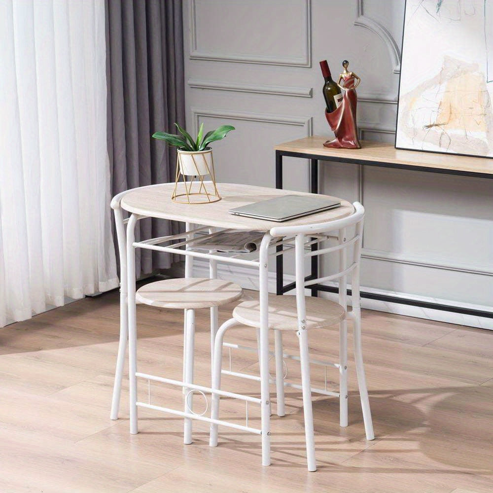 3pcs Dining Table Set Room Round Table And Chair Set, Space Saving Kitchen Breakfast Bistro Pub Table With 2 Chairs, Brown And Silver