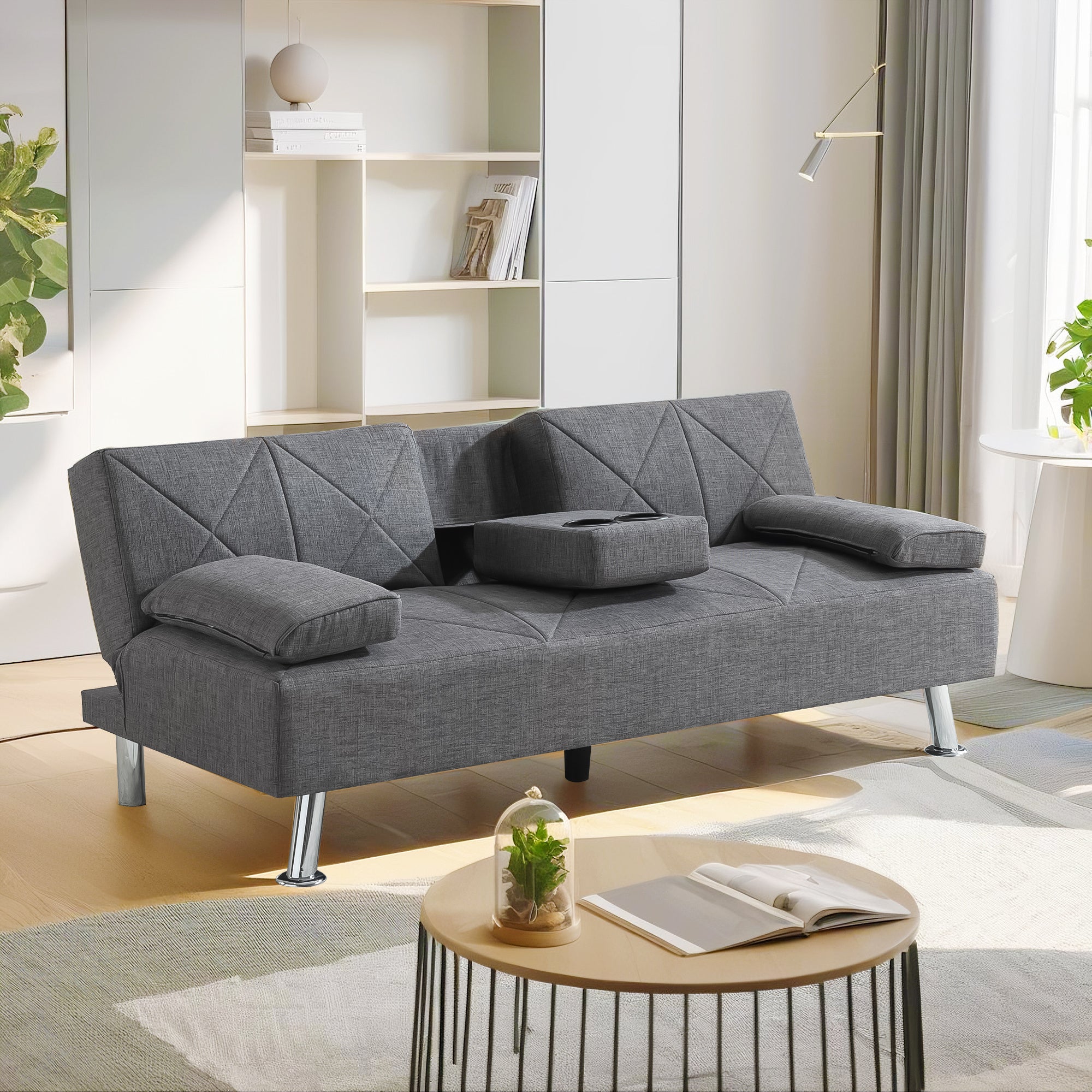 Modern Convertible Folding Futon Sofa Bed with Removable Armrests, Breathable Linen Sofa with 2 Cup Holders for Living Room