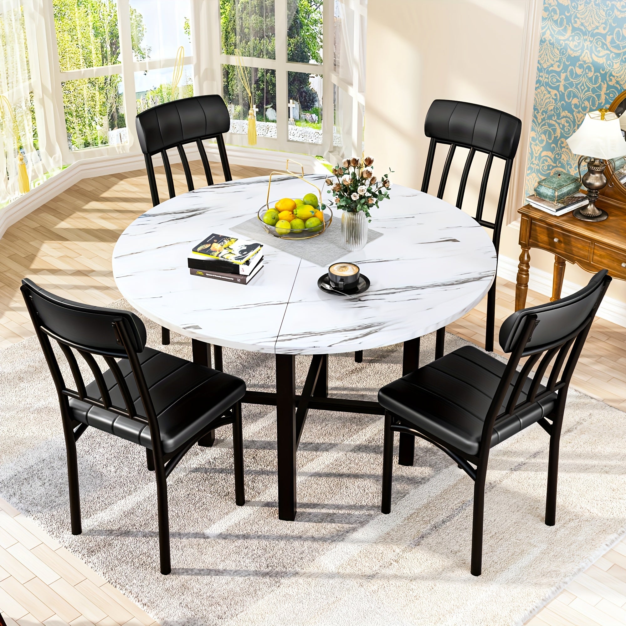 LAMERGE 5pcs Round Dining Table Set, Artificial Imitation Marble Pattern Round Dining Table With 4 Chairs, Metal Frame Structure, Modern Kitchen Table And Chair Set For 4 People, Round Dining Table And Chair Set For Small Space Home Furniture