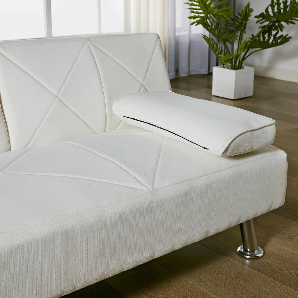 Modern Convertible Folding Futon Sofa Bed with Removable Armrests, Breathable Linen Sofa with 2 Cup Holders for Living Room