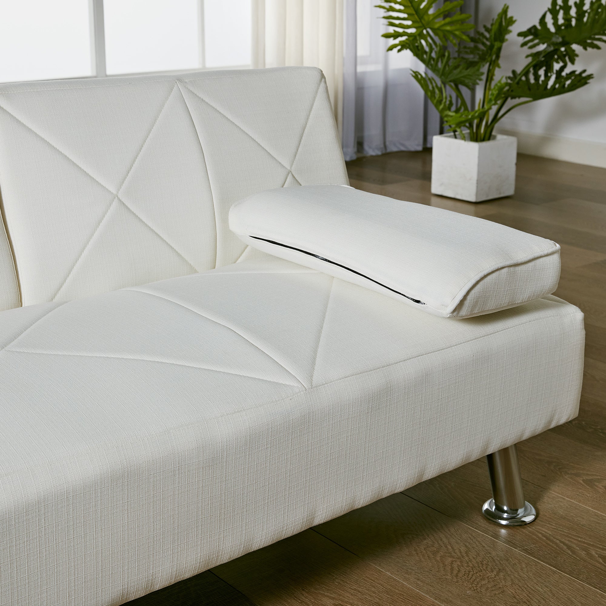 Modern Convertible Folding Futon Sofa Bed with Removable Armrests, Breathable Linen Sofa with 2 Cup Holders for Living Room