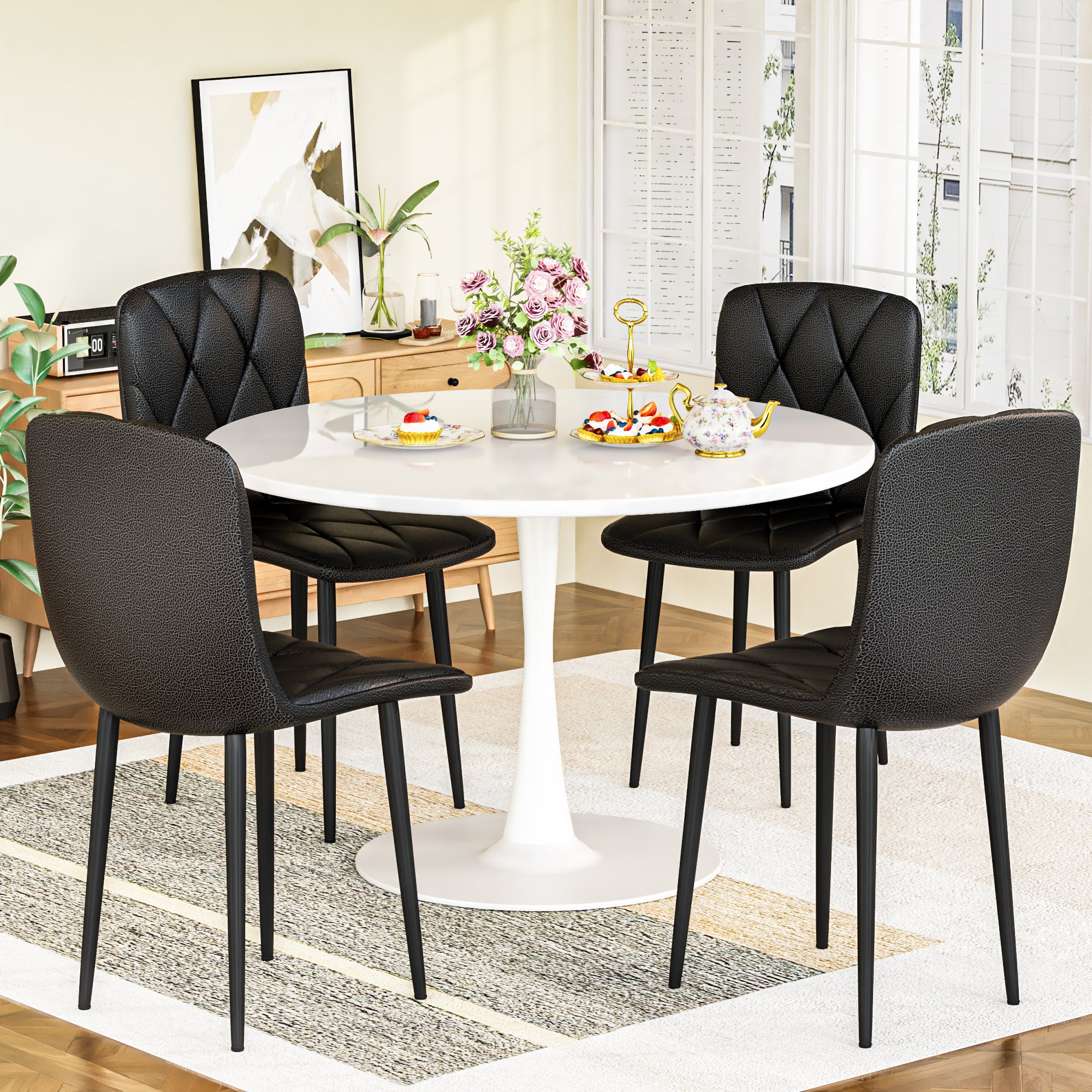 Round Dining Table Set for 4, 39 Inch Circle Dining Room Table with 4 Upholstered Chairs for 4 People, Mid Century Modern Round Kitchen Table and Chairs Set of 4 for Home Kitchen Dining Room Leisure Area (Brown Table + 4 Chairs)