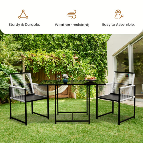 3pcs Rattan Patio Dining Set with Rectangle Table 3 -Piece Black Rattan Patio Dining Set Steel Rectangle Table with 2 Stationary Chairs