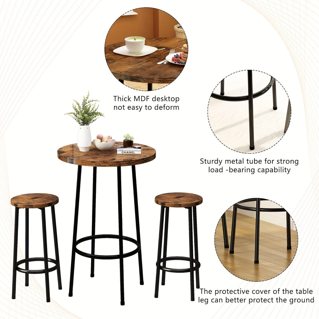 Dining Room Table Set, Round Kitchen Table Set with Steel Frame Table, 3pcs Dining Table Set, Breakfast Table for 2, Small Space, Farmhouse, Kitchen, Cafe, Dining, Rustic Brown