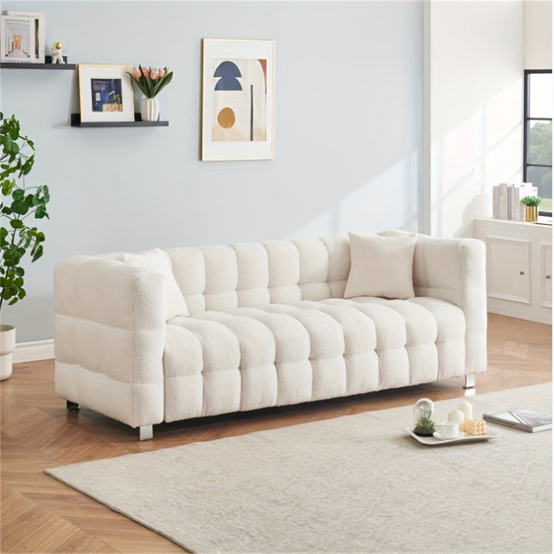 Modern White Plush Teddy Sofa - 80 Inches, Minimalist Design with Two Throw Pillows & Heavy-Duty Hardware Support, Perfect for Living Room or Bedroom, Available in 5 Colors, Comfy Couch