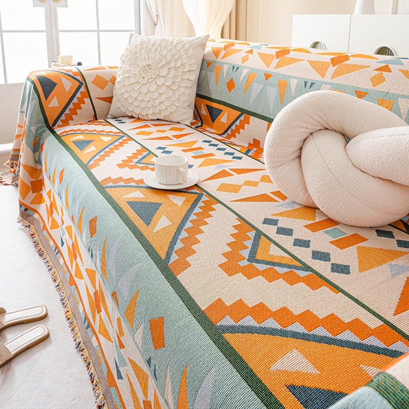 1pc Bohemian Sofa Cover with Tassels - Vibrant Geometric Pattern, Machine Washable, Pet-Friendly Couch Protector Blanket for Single\u002FDouble\u002FTriple\u002FQuadruple Sofas, Home Decor Essential