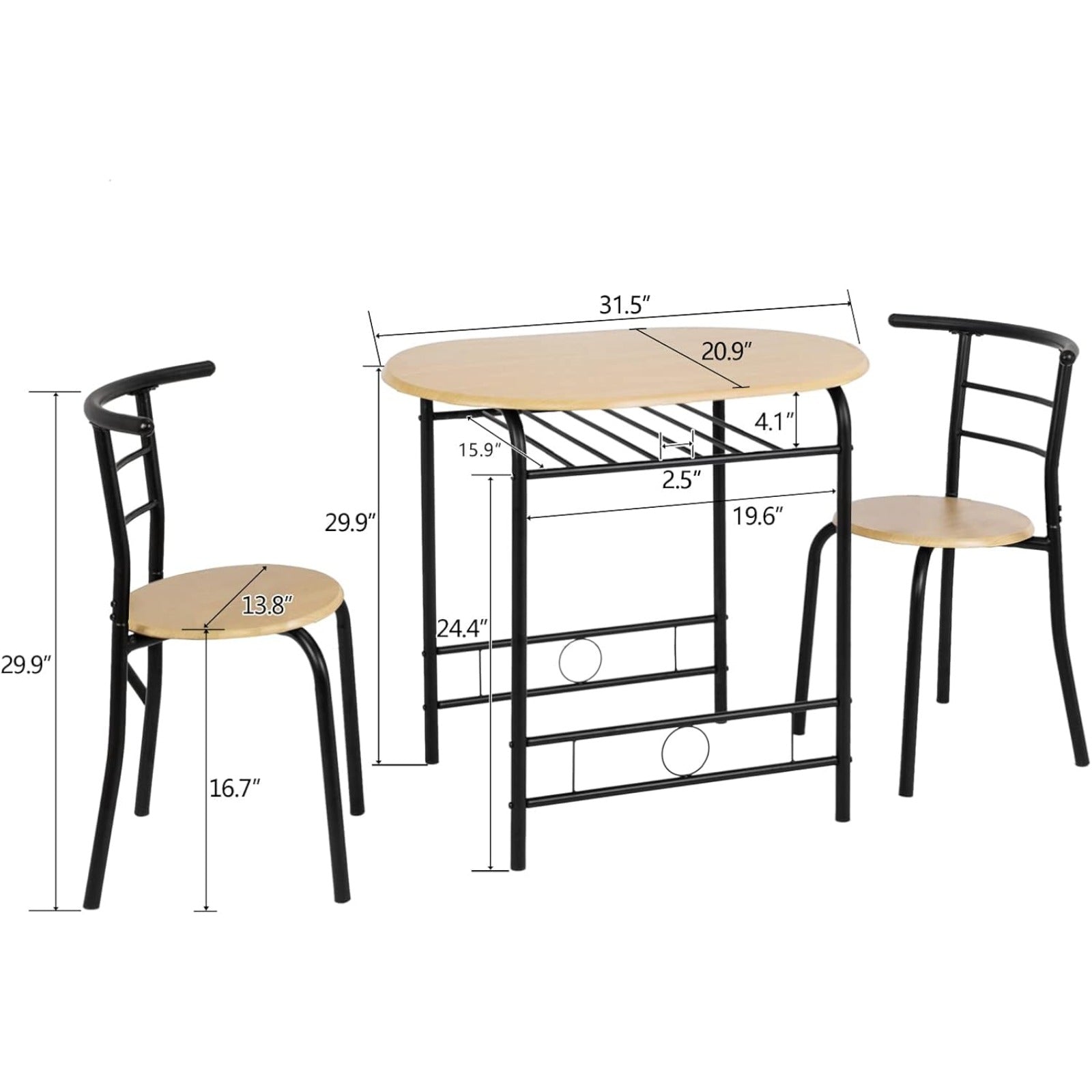 Bonnlo Minimalist 3-Piece Iron Dining Set for 2, Wooden Table and 2 Chairs Ideal for Small Kitchen, Dining Room, Apartment, Balcony & Coffee Nook, Breakfast & Negotiation Table with Storage Shelf, Metal Frame