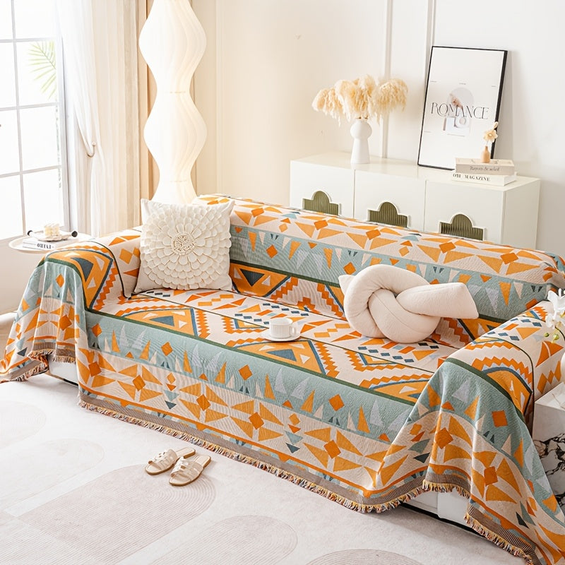 1pc Bohemian Sofa Cover with Tassels - Vibrant Geometric Pattern, Machine Washable, Pet-Friendly Couch Protector Blanket for Single\u002FDouble\u002FTriple\u002FQuadruple Sofas, Home Decor Essential