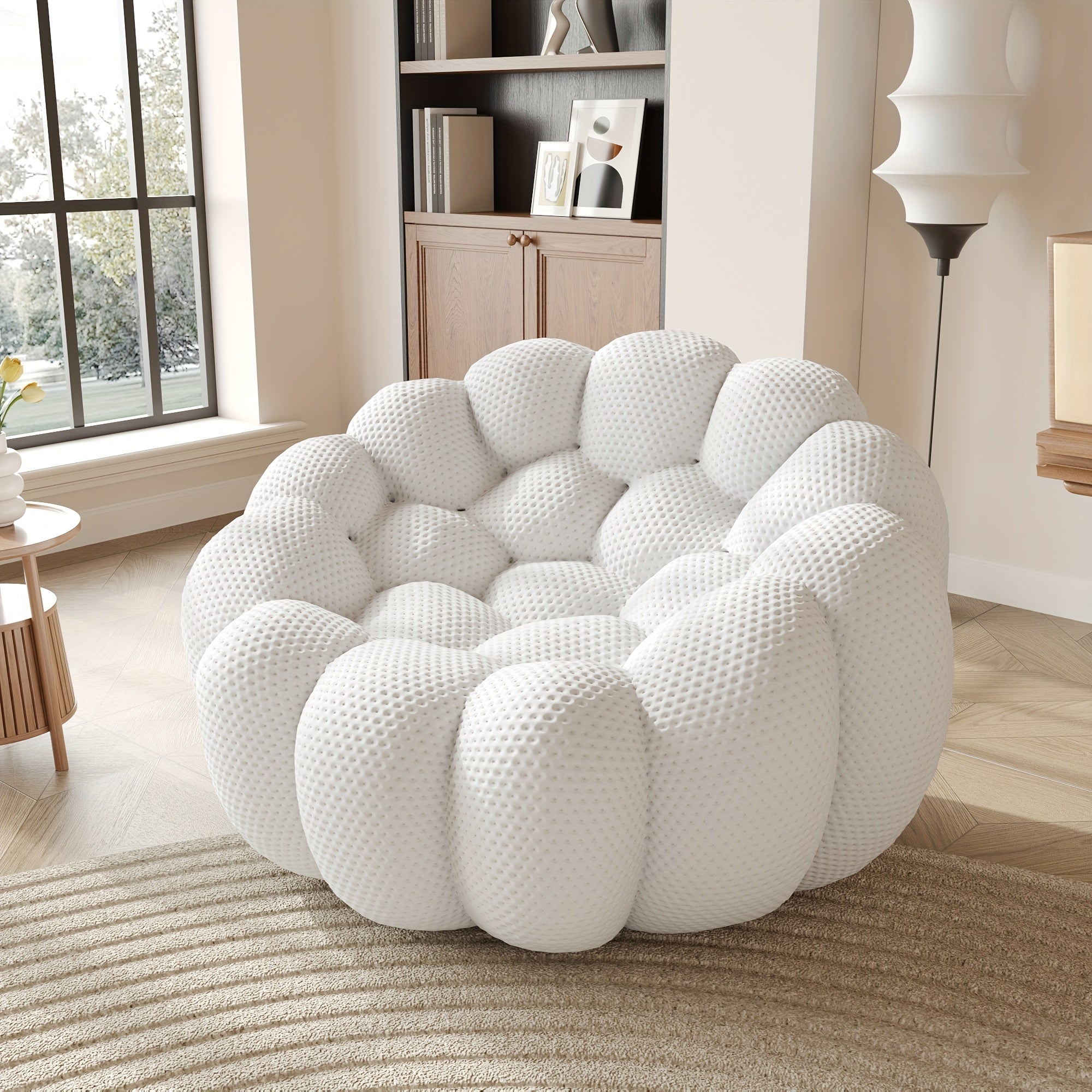 98'' Modern Upholstered Curved Sofa, 3 Seater Mesh Fabric Floor Sofa, 3D Honeycomb Shape Curved Couch for Living Room