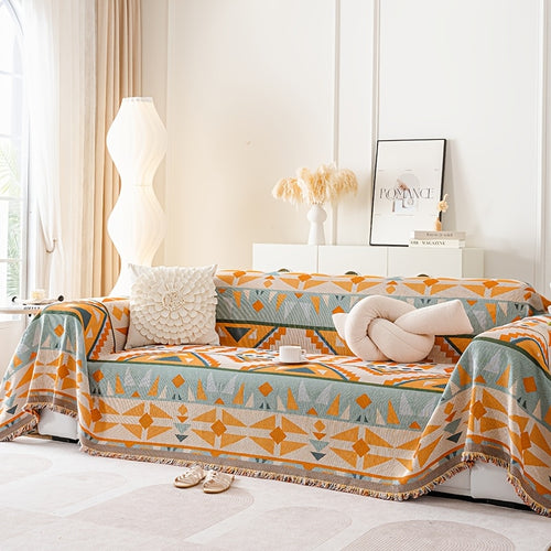 1pc Bohemian Sofa Cover with Tassels - Vibrant Geometric Pattern, Machine Washable, Pet-Friendly Couch Protector Blanket for Single\u002FDouble\u002FTriple\u002FQuadruple Sofas, Home Decor Essential