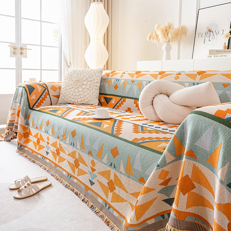 1pc Bohemian Sofa Cover with Tassels - Vibrant Geometric Pattern, Machine Washable, Pet-Friendly Couch Protector Blanket for Single\u002FDouble\u002FTriple\u002FQuadruple Sofas, Home Decor Essential