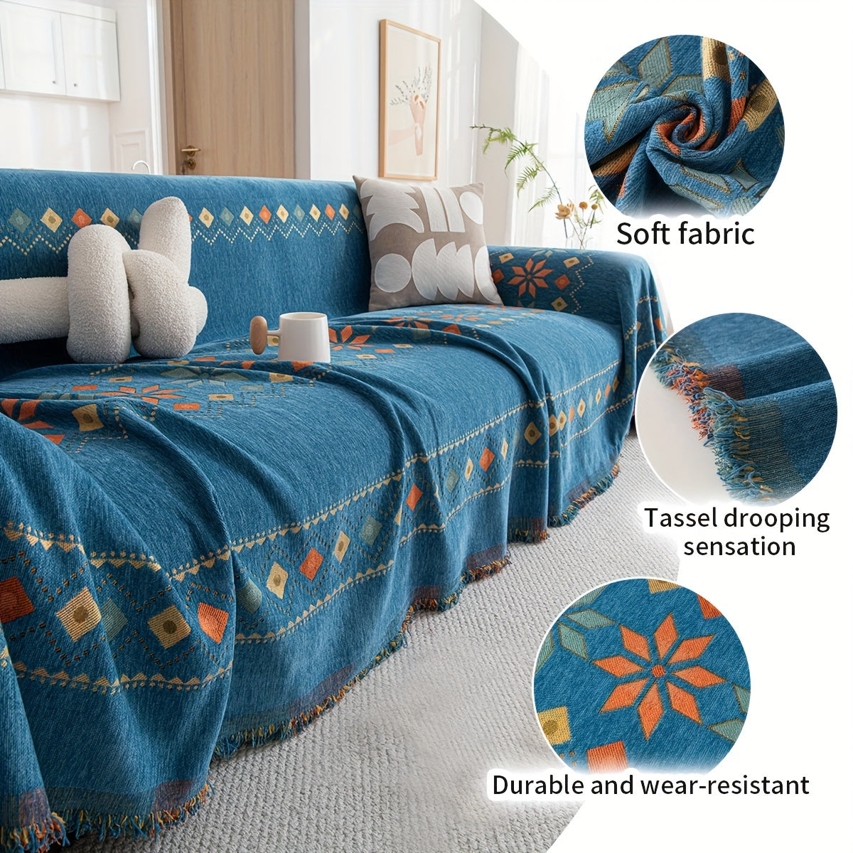 Blue Bohemian style sofa towel, washable sofa cover, jacquard chenille fabric, sofa blanket, sofa cushion, soft and comfortable with tassels, multi-functional sofa cover blanket, bedroom and living room furniture protective cover for home decoration.