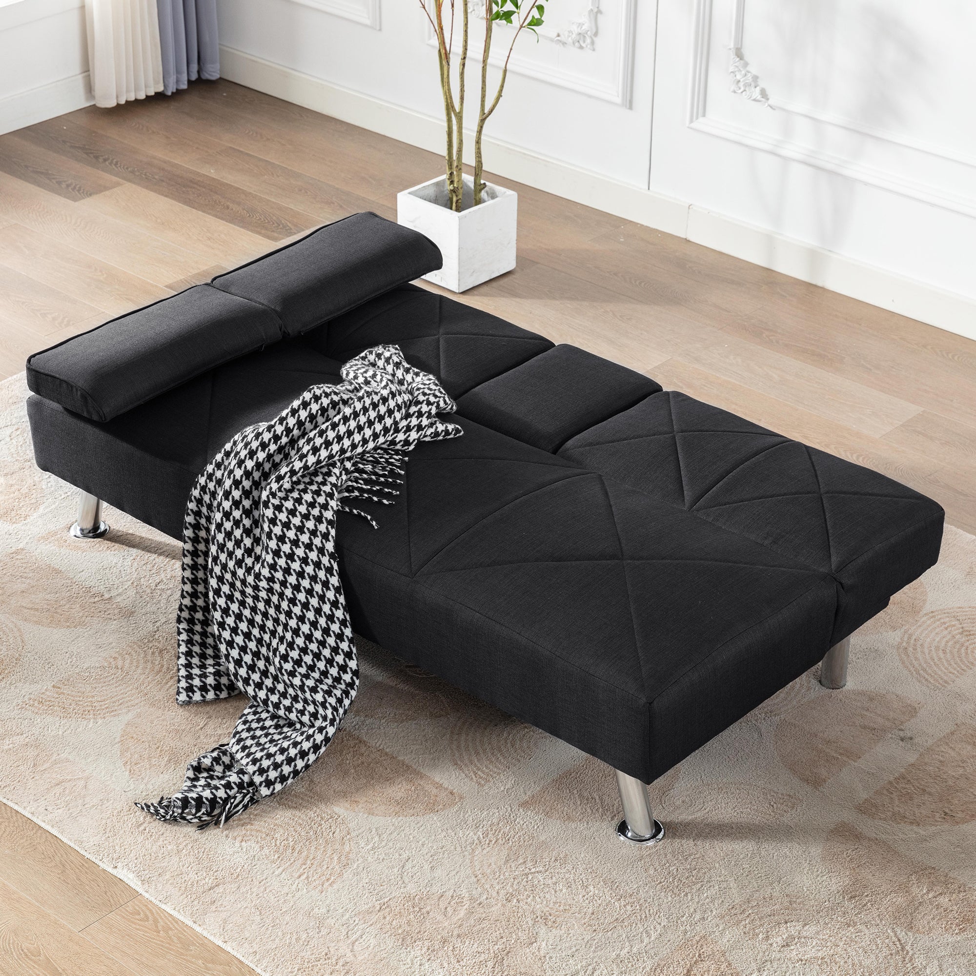 Modern Convertible Folding Futon Sofa Bed with Removable Armrests, Breathable Linen Sofa with 2 Cup Holders for Living Room