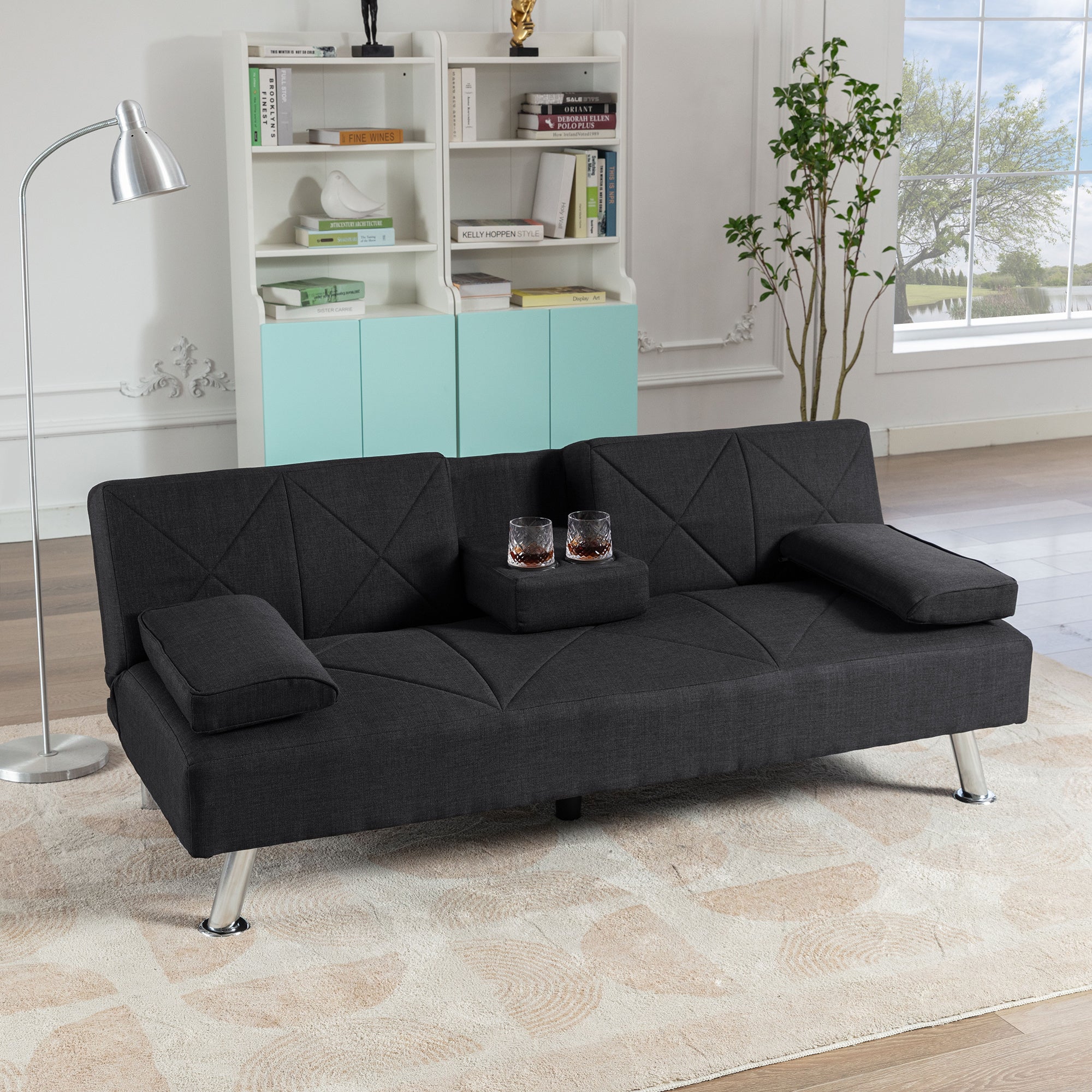 Modern Convertible Folding Futon Sofa Bed with Removable Armrests, Breathable Linen Sofa with 2 Cup Holders for Living Room