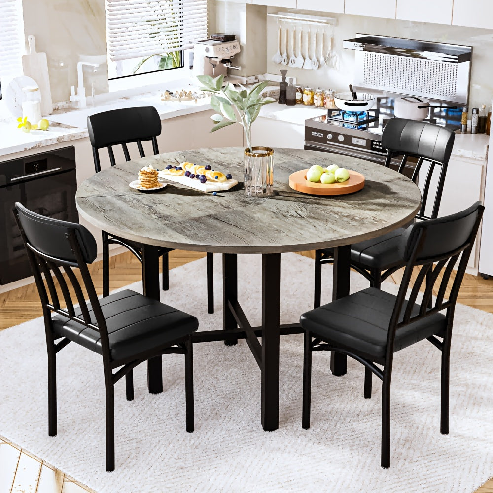 LAMERGE 5pcs Round Dining Table Set, Artificial Imitation Marble Pattern Round Dining Table With 4 Chairs, Metal Frame Structure, Modern Kitchen Table And Chair Set For 4 People, Round Dining Table And Chair Set For Small Space Home Furniture