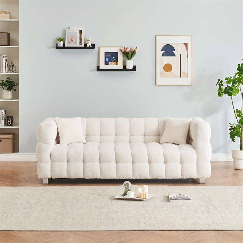 Modern White Plush Teddy Sofa - 80 Inches, Minimalist Design with Two Throw Pillows & Heavy-Duty Hardware Support, Perfect for Living Room or Bedroom, Available in 5 Colors, Comfy Couch