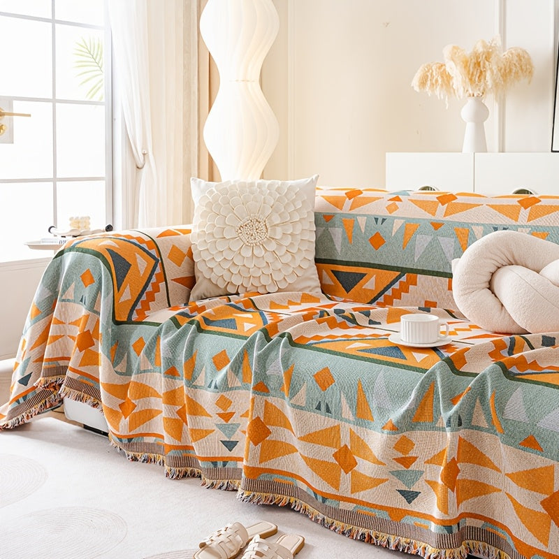 1pc Bohemian Sofa Cover with Tassels - Vibrant Geometric Pattern, Machine Washable, Pet-Friendly Couch Protector Blanket for Single\u002FDouble\u002FTriple\u002FQuadruple Sofas, Home Decor Essential