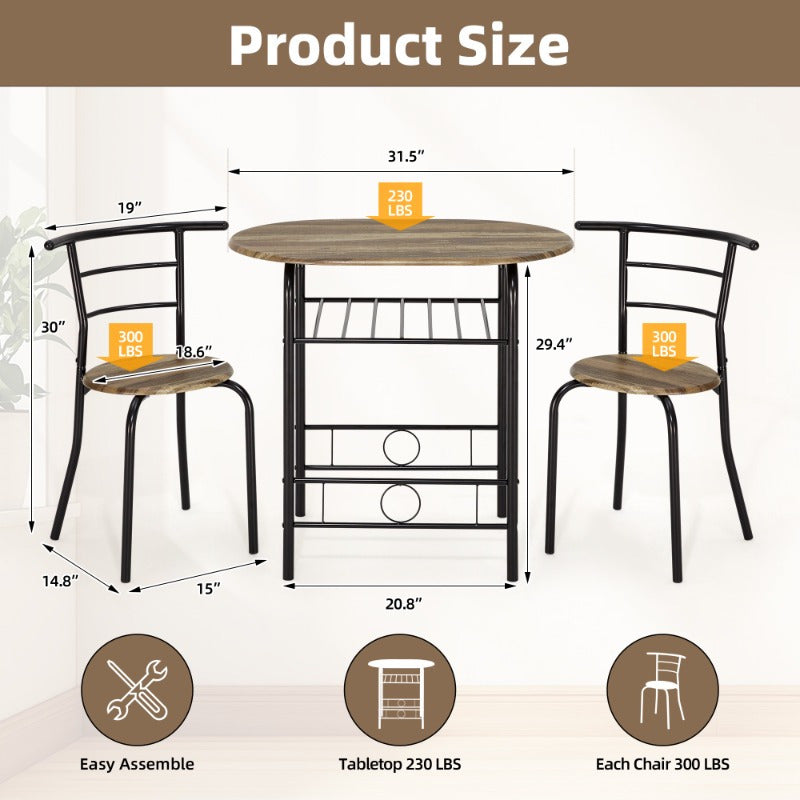 3pcs Dining Table Set for 2, Kitchen Table and Chair Set with Tabletop & PVC Veneer, Compact Dining Table Set with Metal Frame and Built-in Rack, Space-Saving Design for Small Kitchens, Apartments, Breakfast Nook, Drift Brown