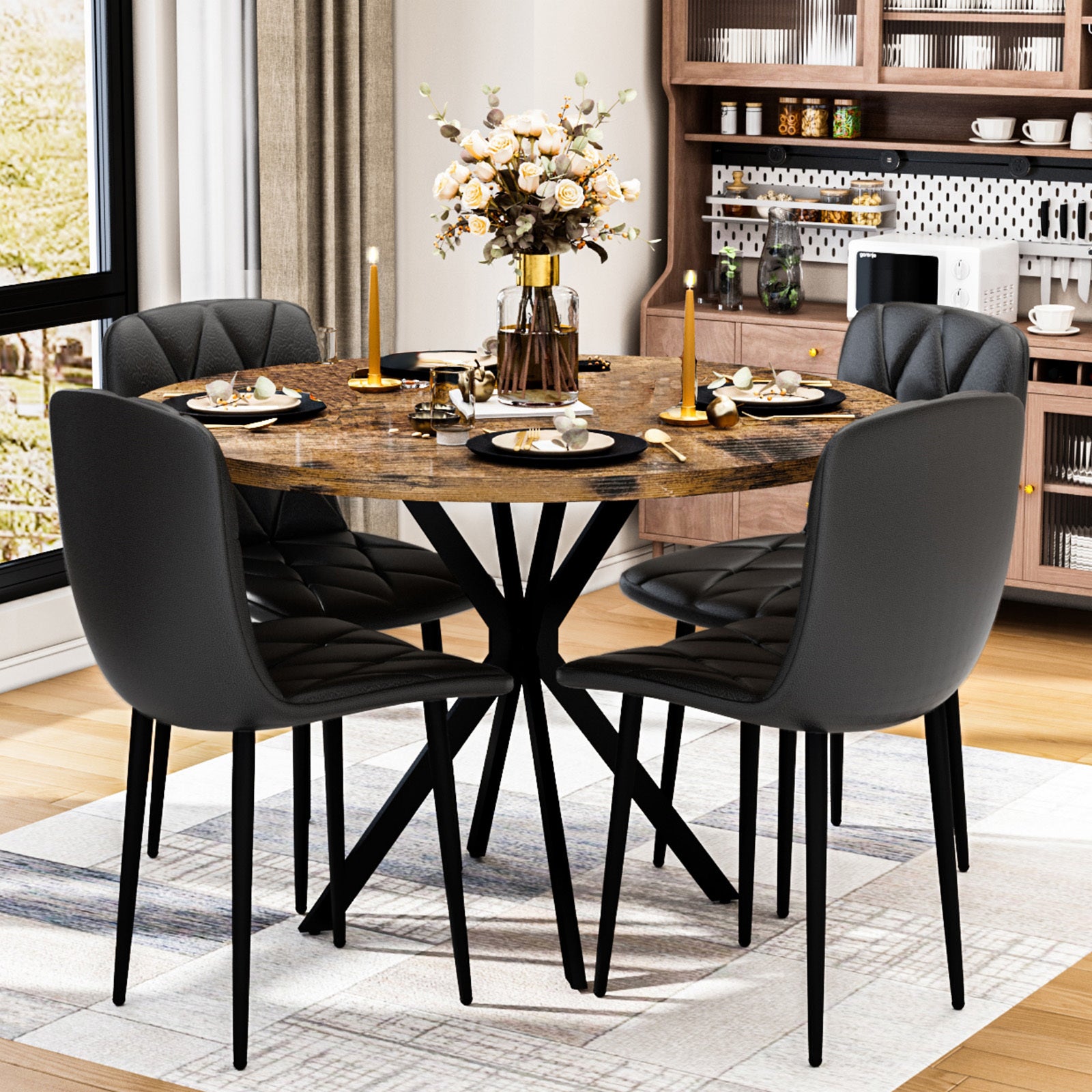 Round Dining Table Set for 4, 39 Inch Circle Dining Room Table with 4 Upholstered Chairs for 4 People, Mid Century Modern Round Kitchen Table and Chairs Set of 4 for Home Kitchen Dining Room Leisure Area (Brown Table + 4 Chairs)