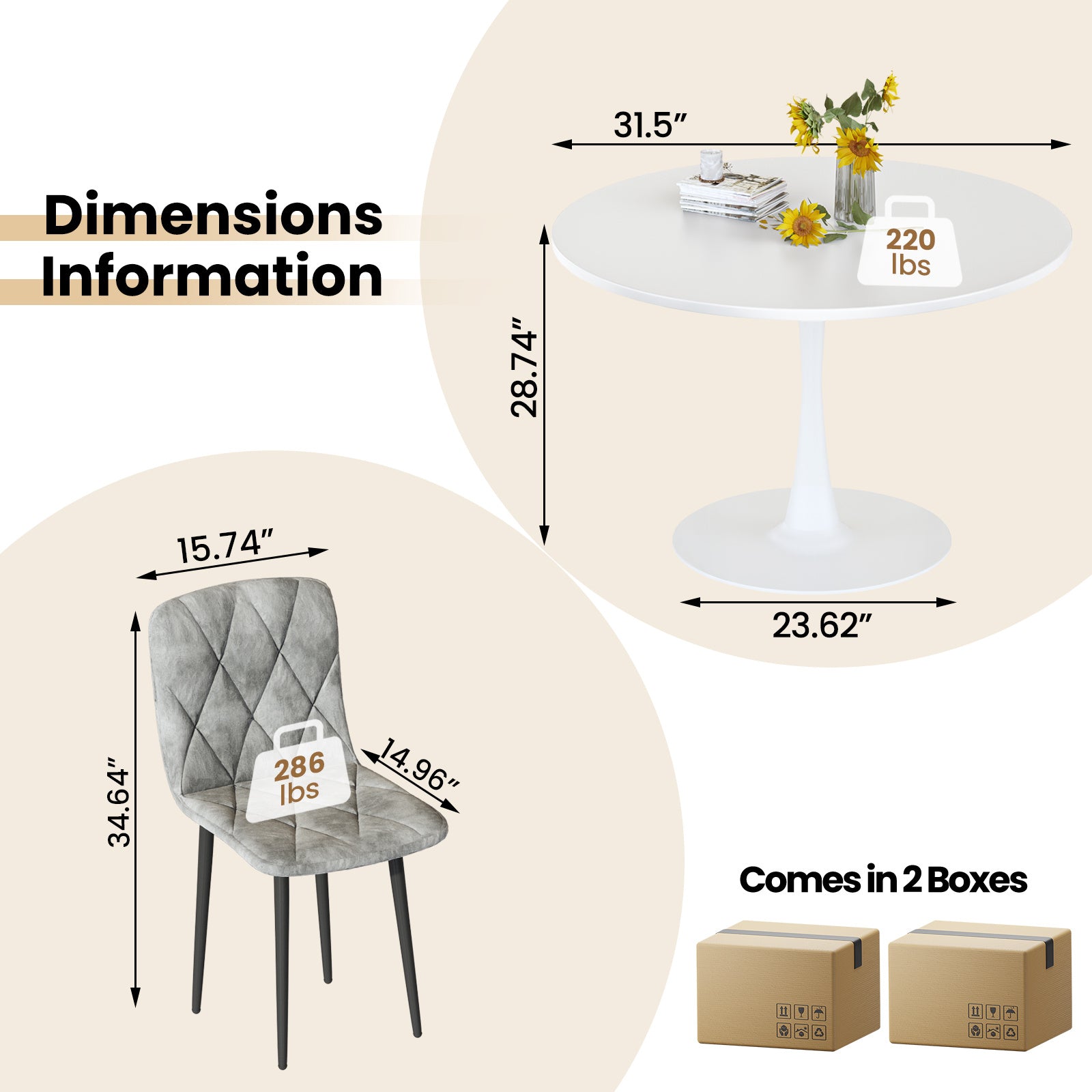 Round Dining Table Set for 4, 39 Inch Circle Dining Room Table with 4 Upholstered Chairs for 4 People, Mid Century Modern Round Kitchen Table and Chairs Set of 4 for Home Kitchen Dining Room Leisure Area (Brown Table + 4 Chairs)