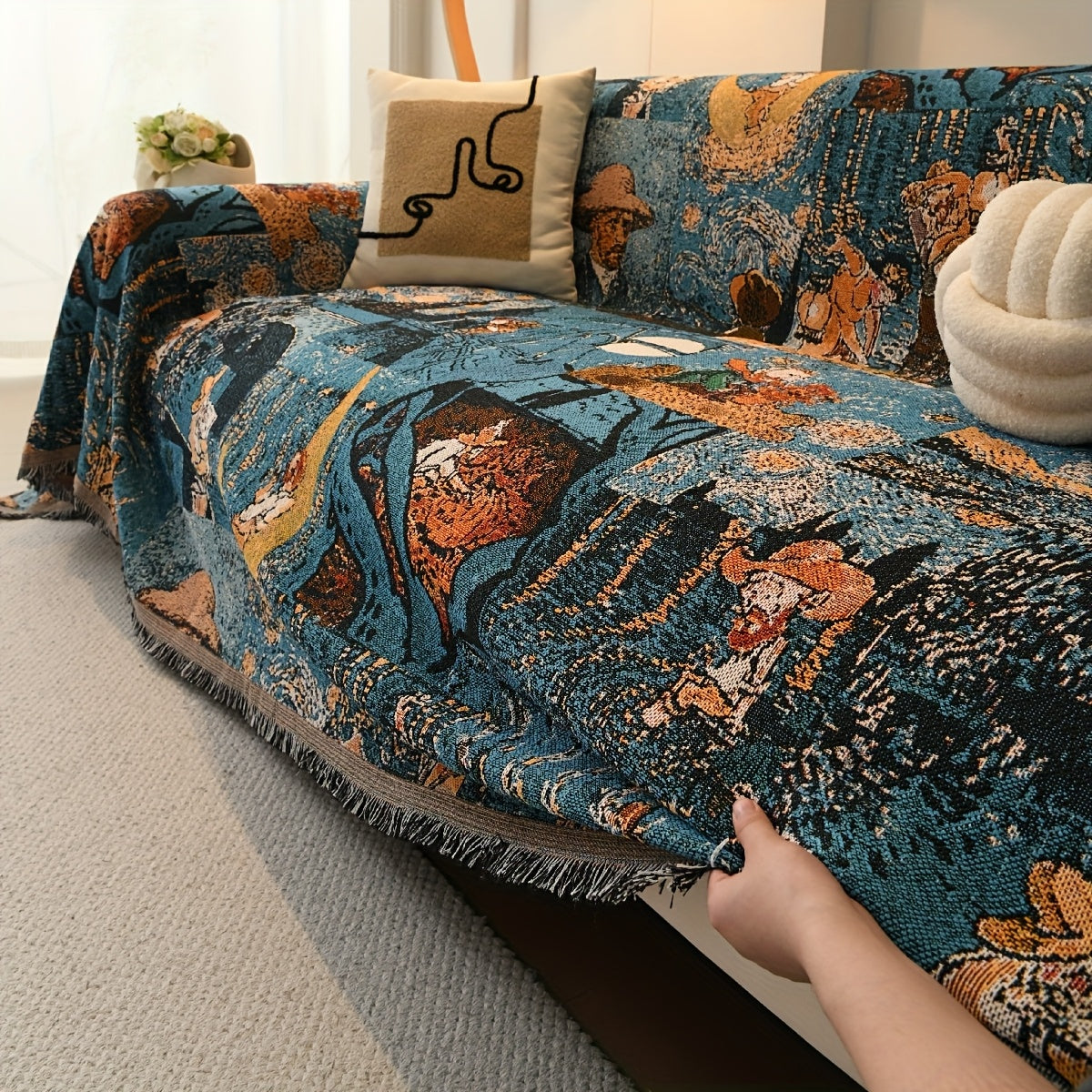 Bohemian Style Sofa Cover, Cotton Material Suitable for 1\u002F2\u002F3\u002F4-Seater Non-Slip Couch Protector, Soft & Comfortable, Easy Care, Pet-Friendly Multi-Functional