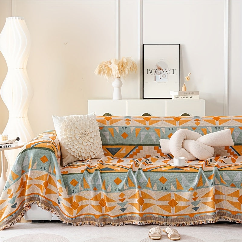 1pc Bohemian Sofa Cover with Tassels - Vibrant Geometric Pattern, Machine Washable, Pet-Friendly Couch Protector Blanket for Single\u002FDouble\u002FTriple\u002FQuadruple Sofas, Home Decor Essential