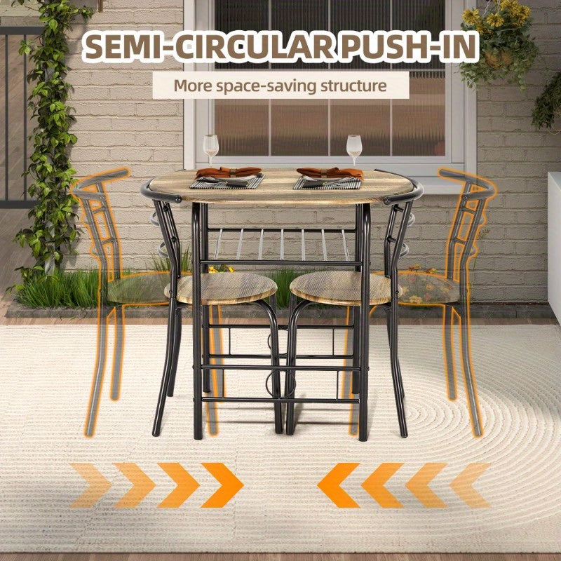 3pcs Dining Table Set, Small Dining Table for 2 with Chairs, Round Table and Chairs, Kitchenette for Small Spaces with Built-in Wine Rack, Space-Saving Design, Drift Brown