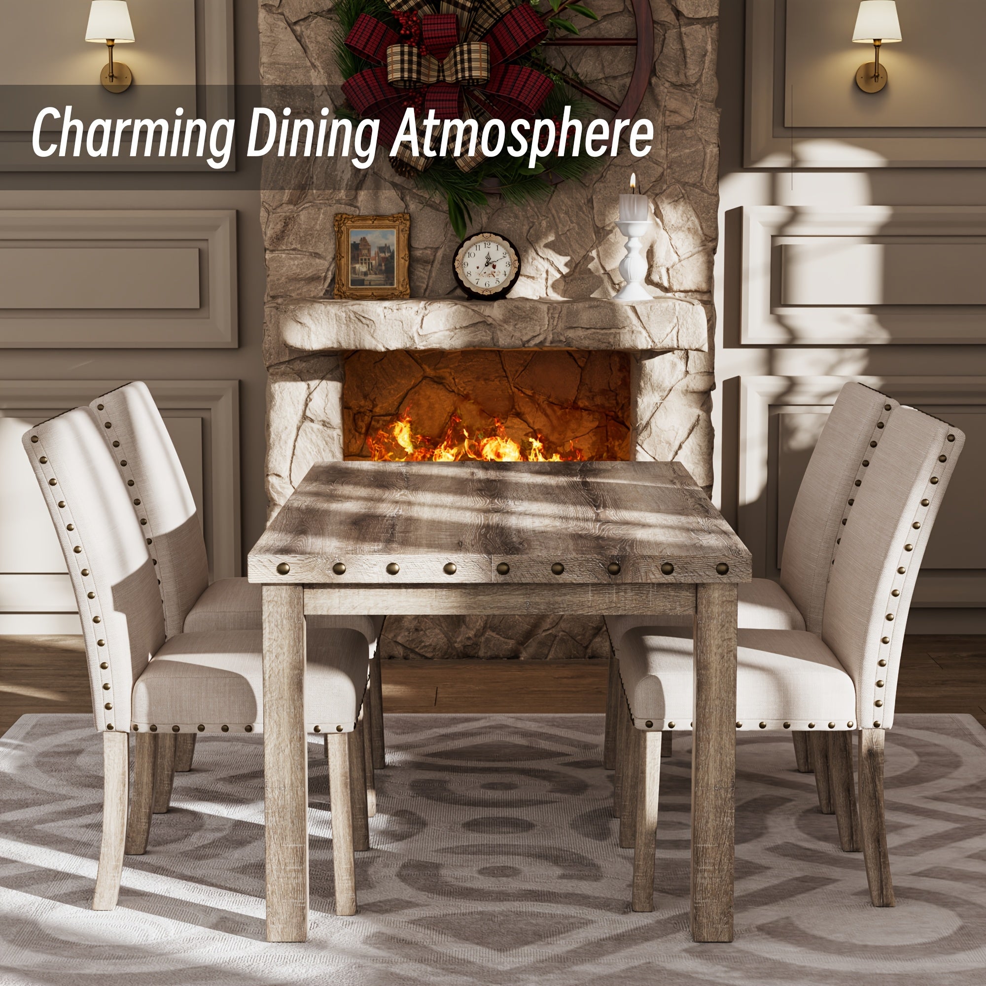 1 Set Morden Fort Farmhouse Dining Table and 4 Upholstered Chairs - Rustic Vintage Hardwood Kitchen Table Set for Family Meals, Memory Foam Cushioned Seating, No Electricity Needed