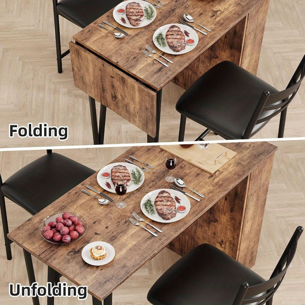 Dining Table Set for 2, Kitchen Bar Table and Chairs for 2, Expandable Counter Height Bar Table Set with 3 Storage, Kitchen Table Set with 2 Upholstered Chairs, Rustic Brown