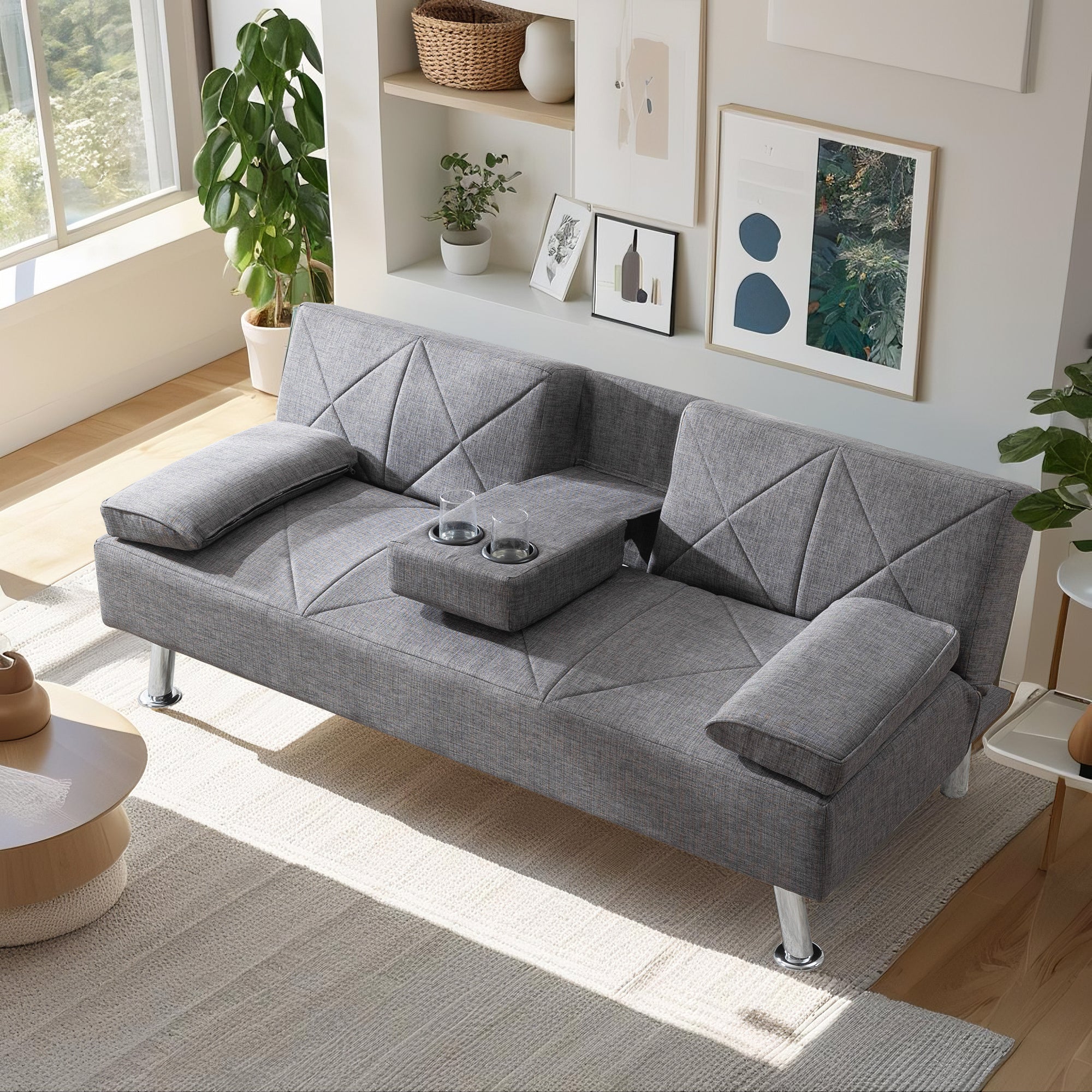 Modern Convertible Folding Futon Sofa Bed with Removable Armrests, Breathable Linen Sofa with 2 Cup Holders for Living Room