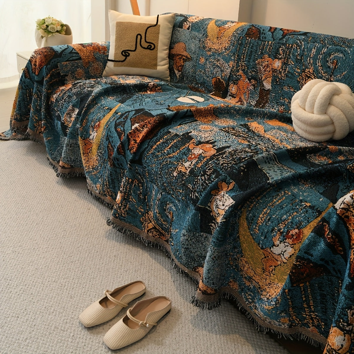 Bohemian Style Sofa Cover, Cotton Material Suitable for 1\u002F2\u002F3\u002F4-Seater Non-Slip Couch Protector, Soft & Comfortable, Easy Care, Pet-Friendly Multi-Functional